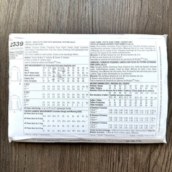 2010 Simplicity 2339 Sewing Pattern Womens Size XXS - S Slim Cut Button Up Top - Picture 2 of 2